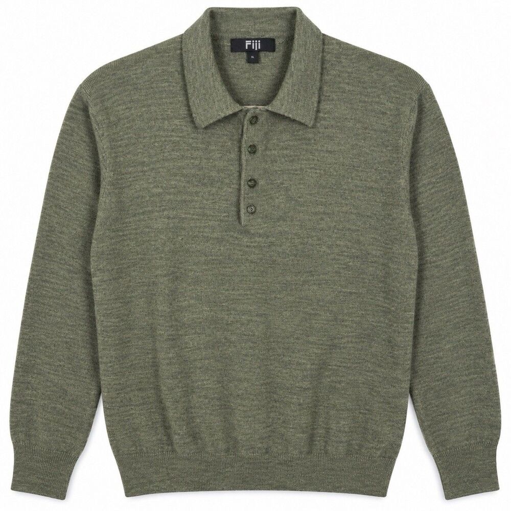 Fiji Mens XL 100% Merino Wool Polo Sweater Olive Green Collared Pullover Preppy